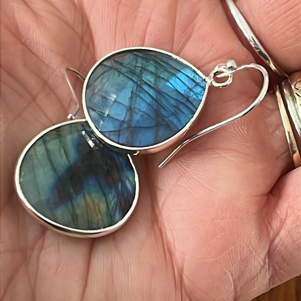 Labradorite or Moonstone Faceted Drop Earrings Silver